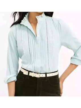 LOFT 100% Cotton Lace-Trim Pintuck Cottagecore Prairie Sage Green Blouse